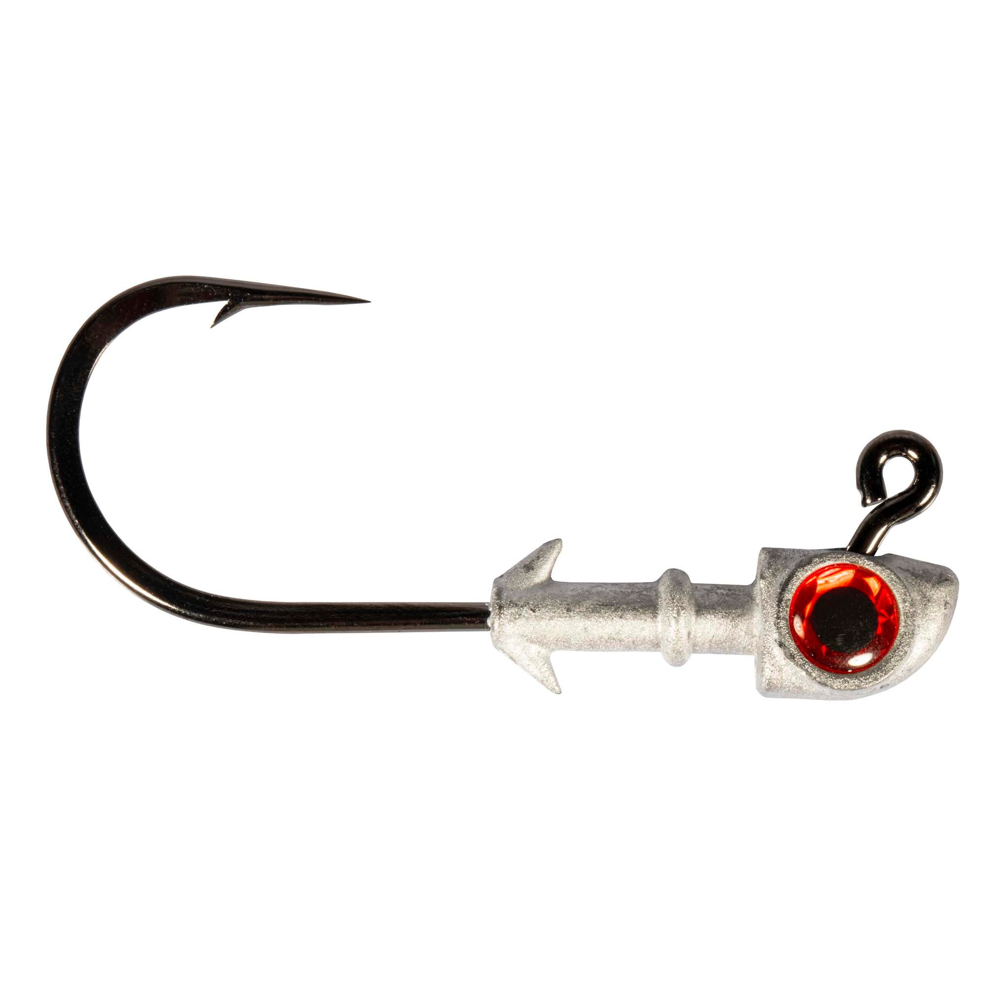Fishing jighead with black hook, silver head, and red eye