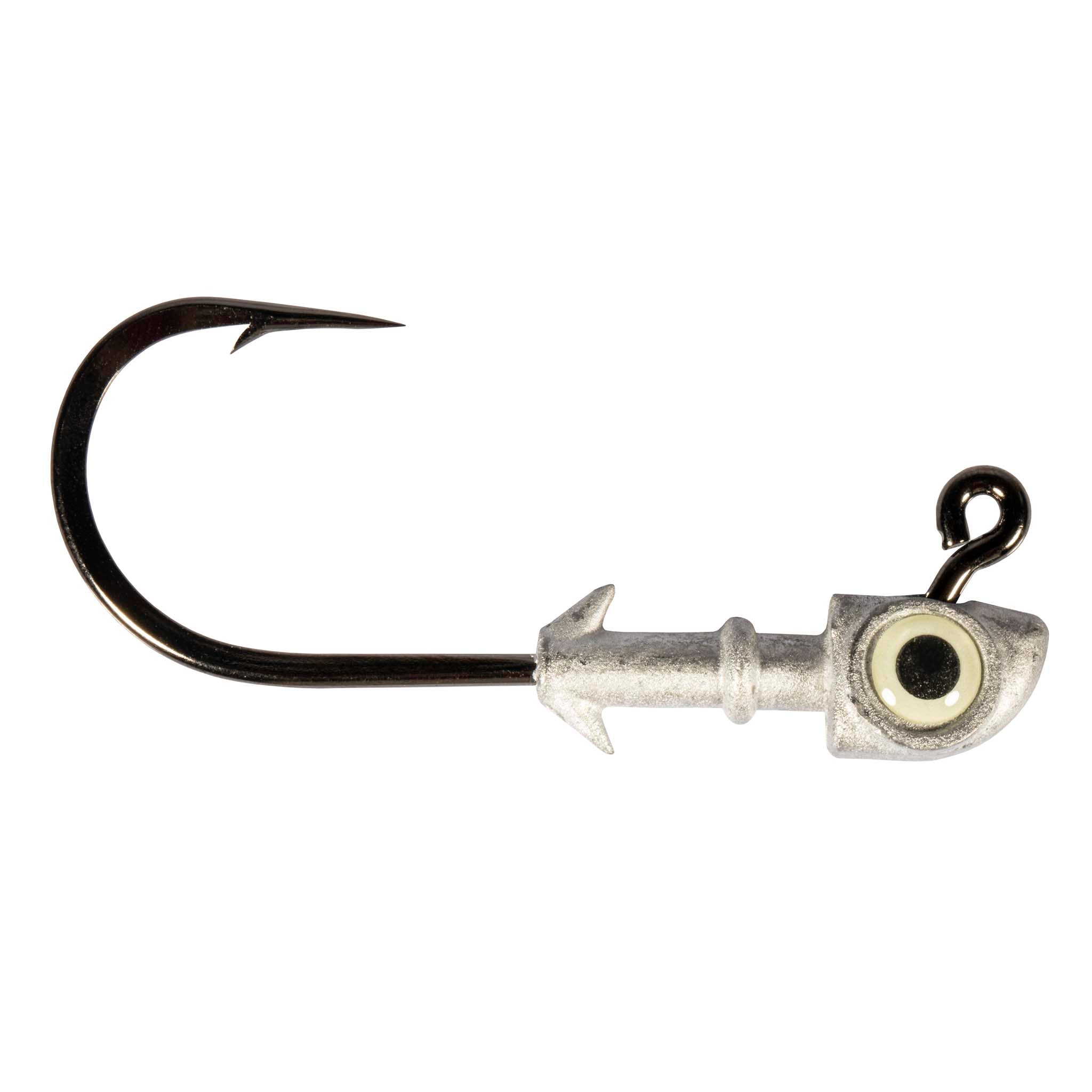 Fishing jighead hook with silver head and cream/black eye insert for lure
