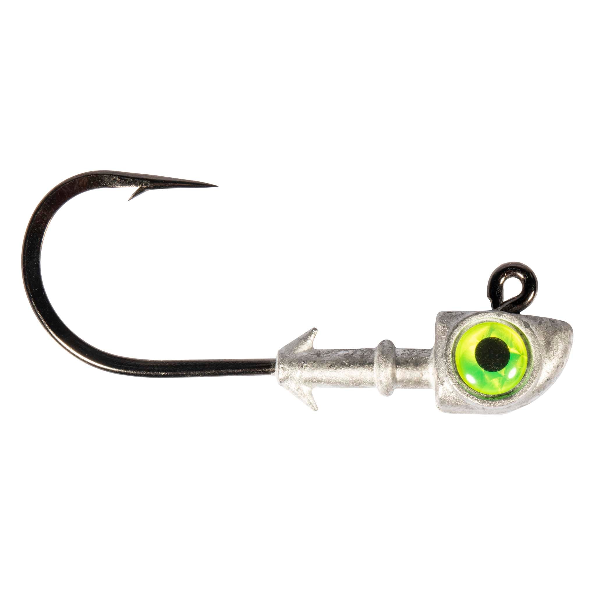 Fishing jighead hook with silver head and bright green eye insert for lure