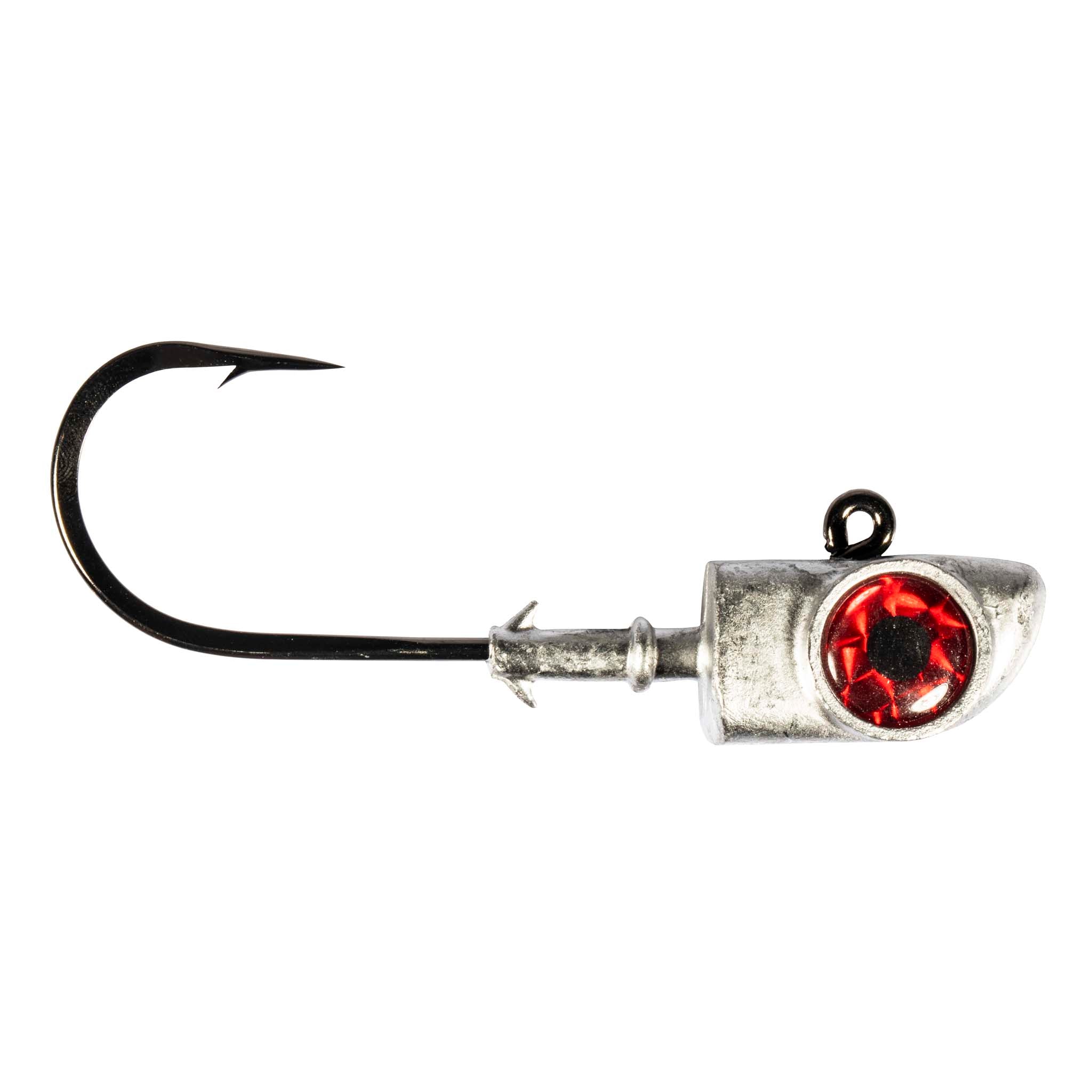 Fishing jighead hook with silver head and red eye insert for lure