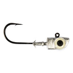 Fishing jighead hook with silver head and cream/black eye insert, metal lure