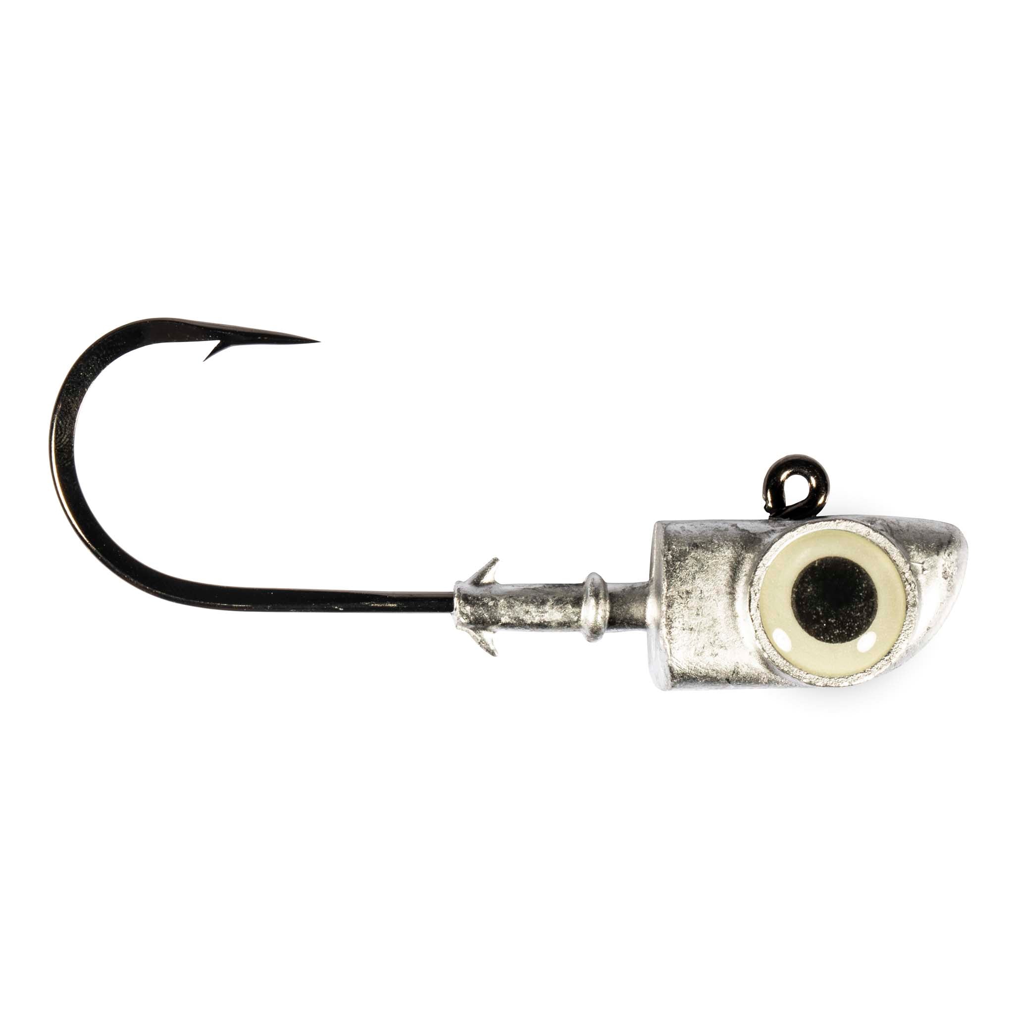 Fishing jighead hook with silver head and cream/black eye insert, metal lure