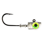Fishing jighead hook with silver head and chartreuse green eye insert for lure