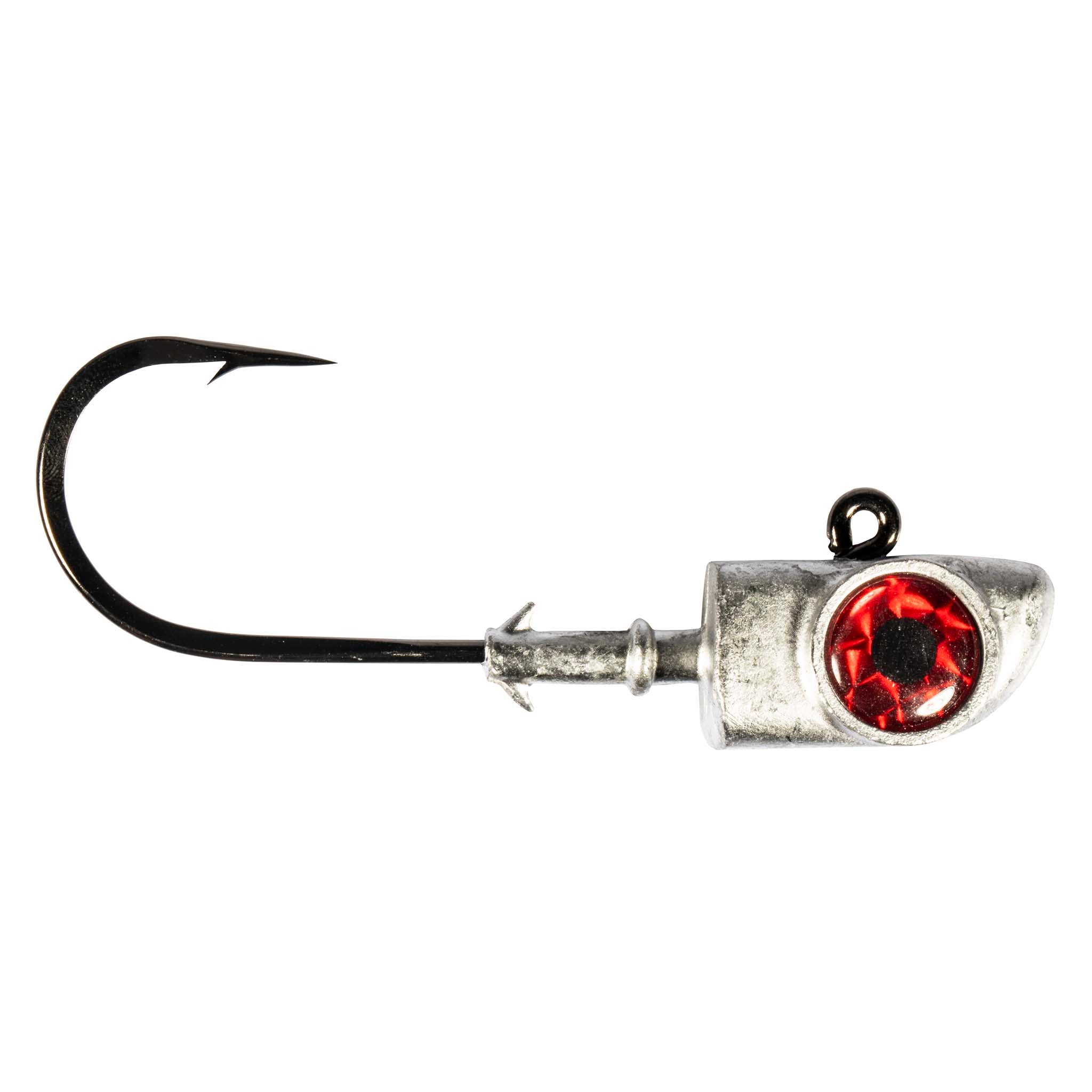 Fishing jighead hook with silver head and red eye insert for bait