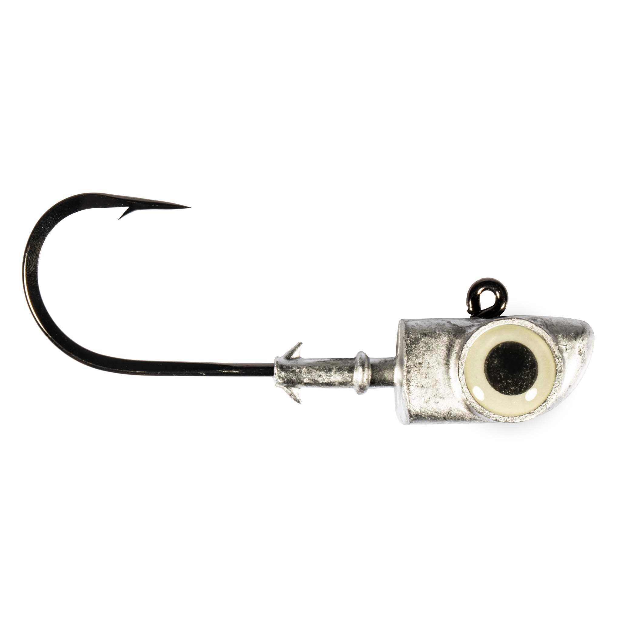 Fishing jighead hook with silver head and cream/black eye insert bait