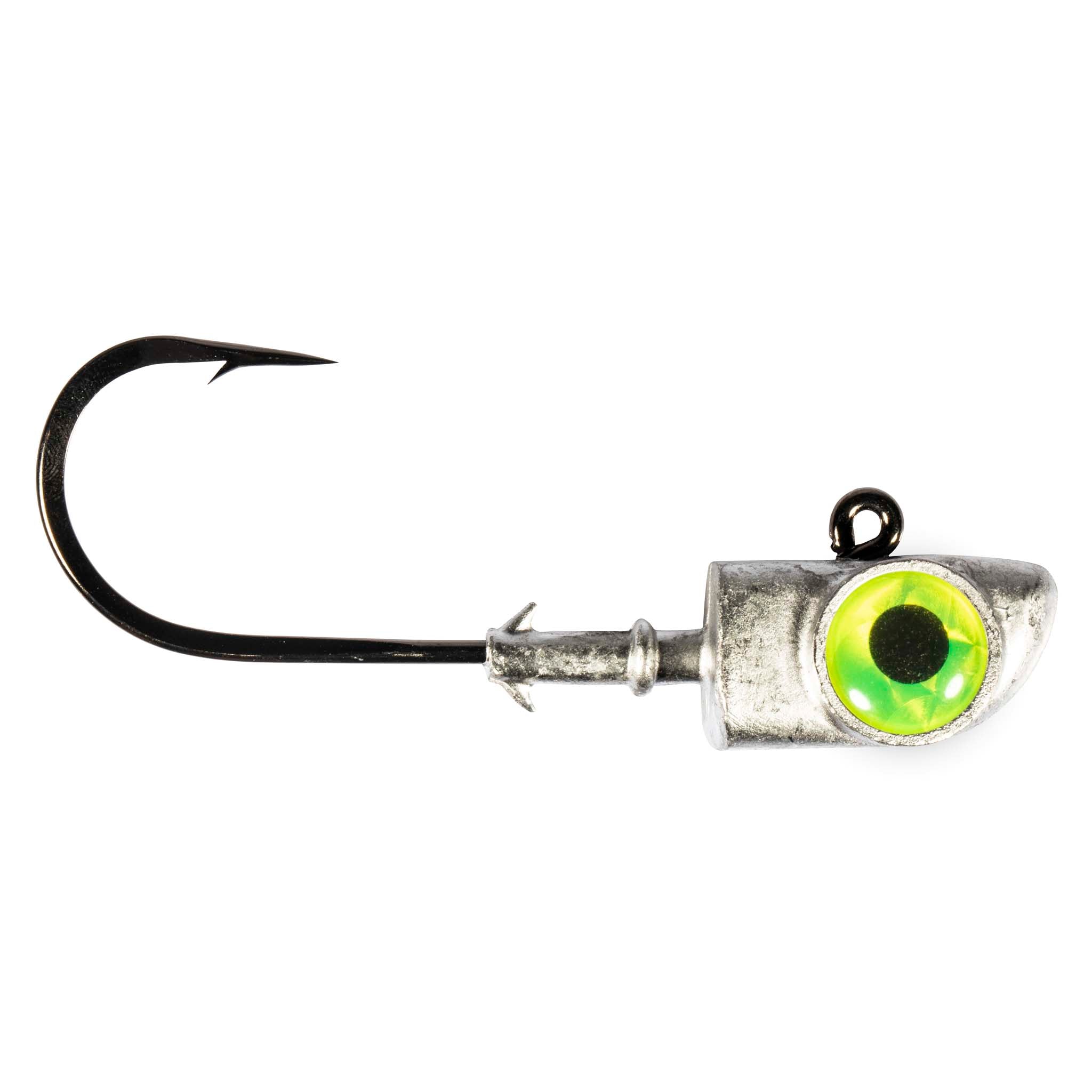 Fishing jighead hook with silver head and chartreuse green eye insert