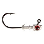 Jighead fishing hook with red eye, silver head, and barbed hook