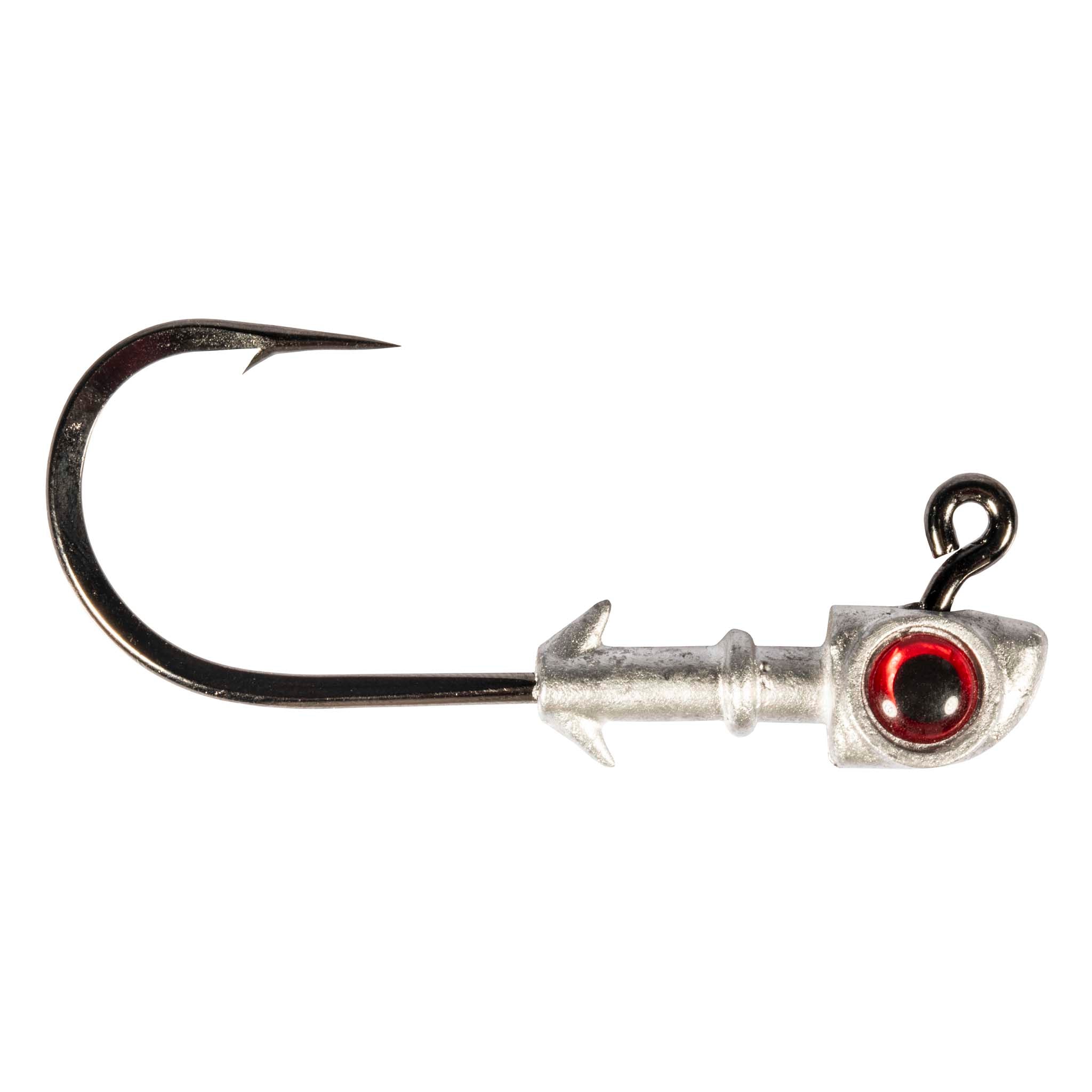 Jighead fishing hook with red eye, silver head, and barbed hook