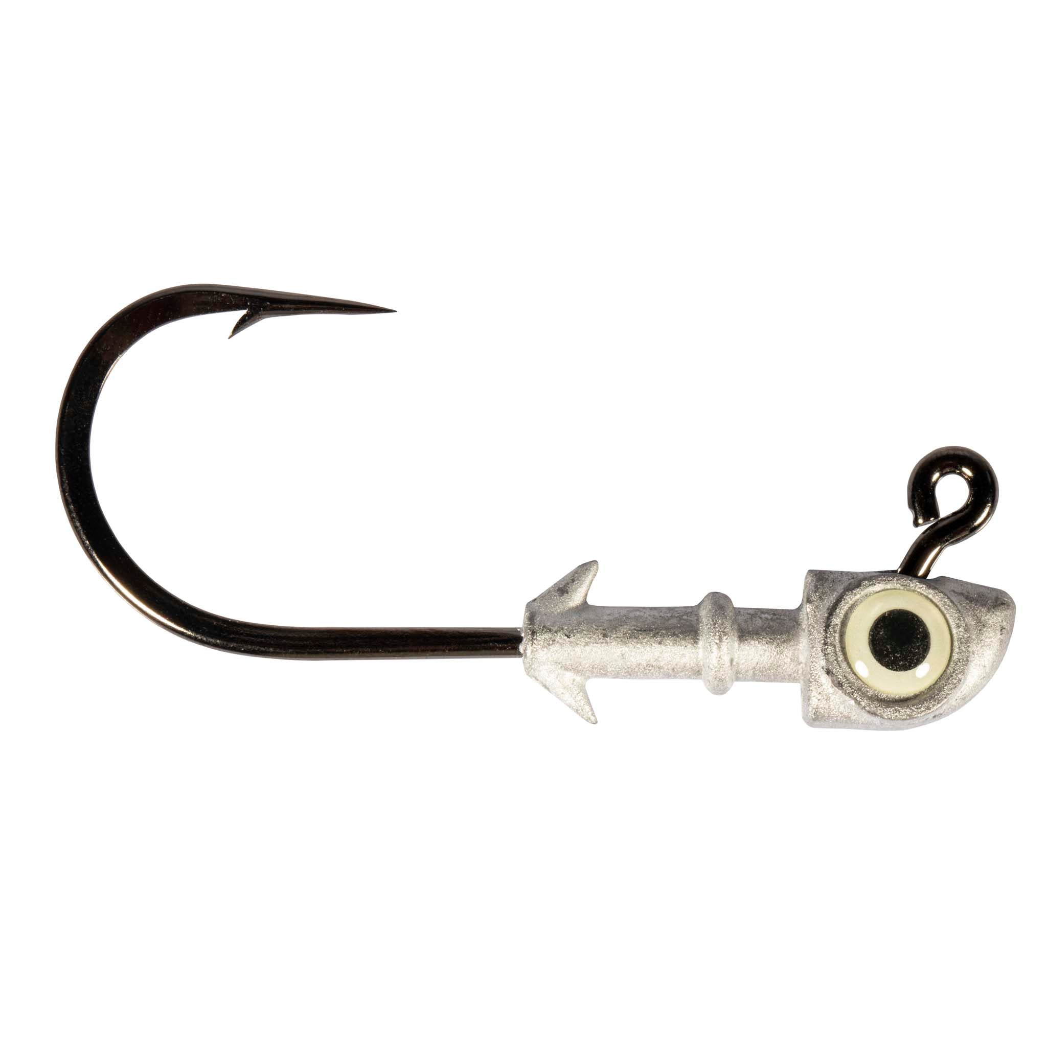 Jighead fishing hook with cream eye, silver head, and barbed hook