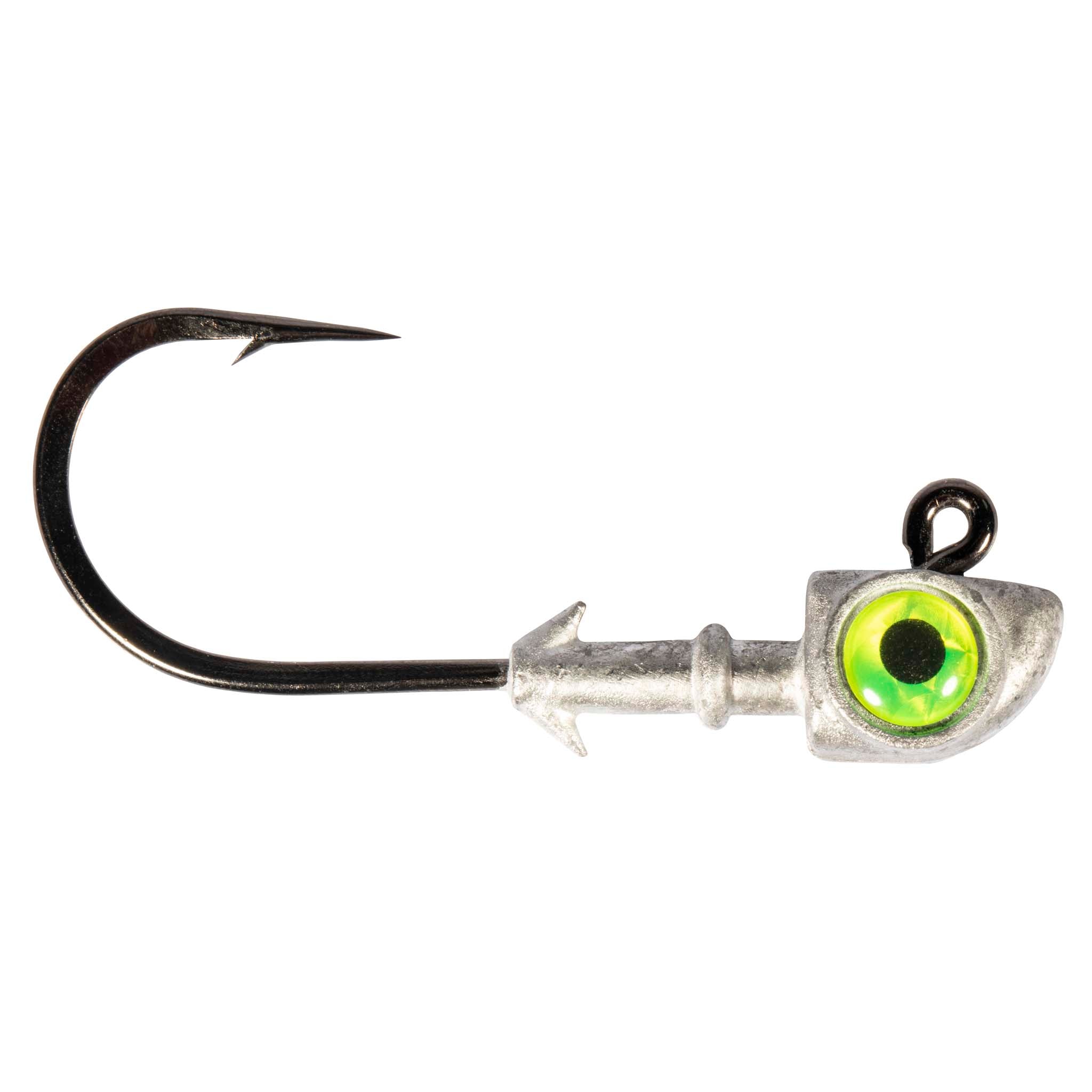 Jighead fishing hook with bright chartreuse-green eye, silver head, and barbed hook
