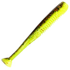 Neon chartreuse soft fishing lure with red and black speckles, ribbed tail