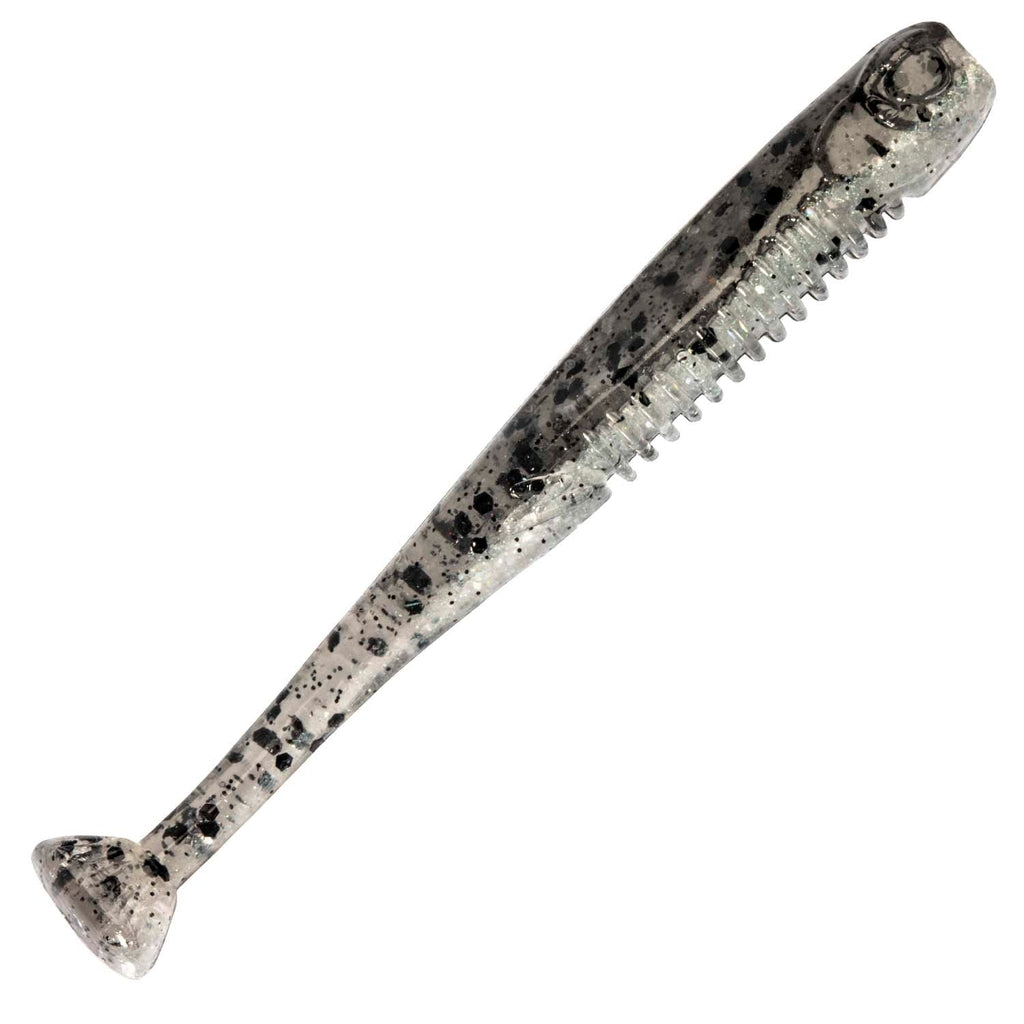 Glittery charcoal gray soft fishing lure with ribbed tail and pointed end