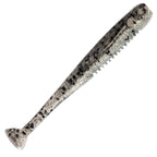 Glittery charcoal gray soft fishing lure with ribbed tail and pointed end