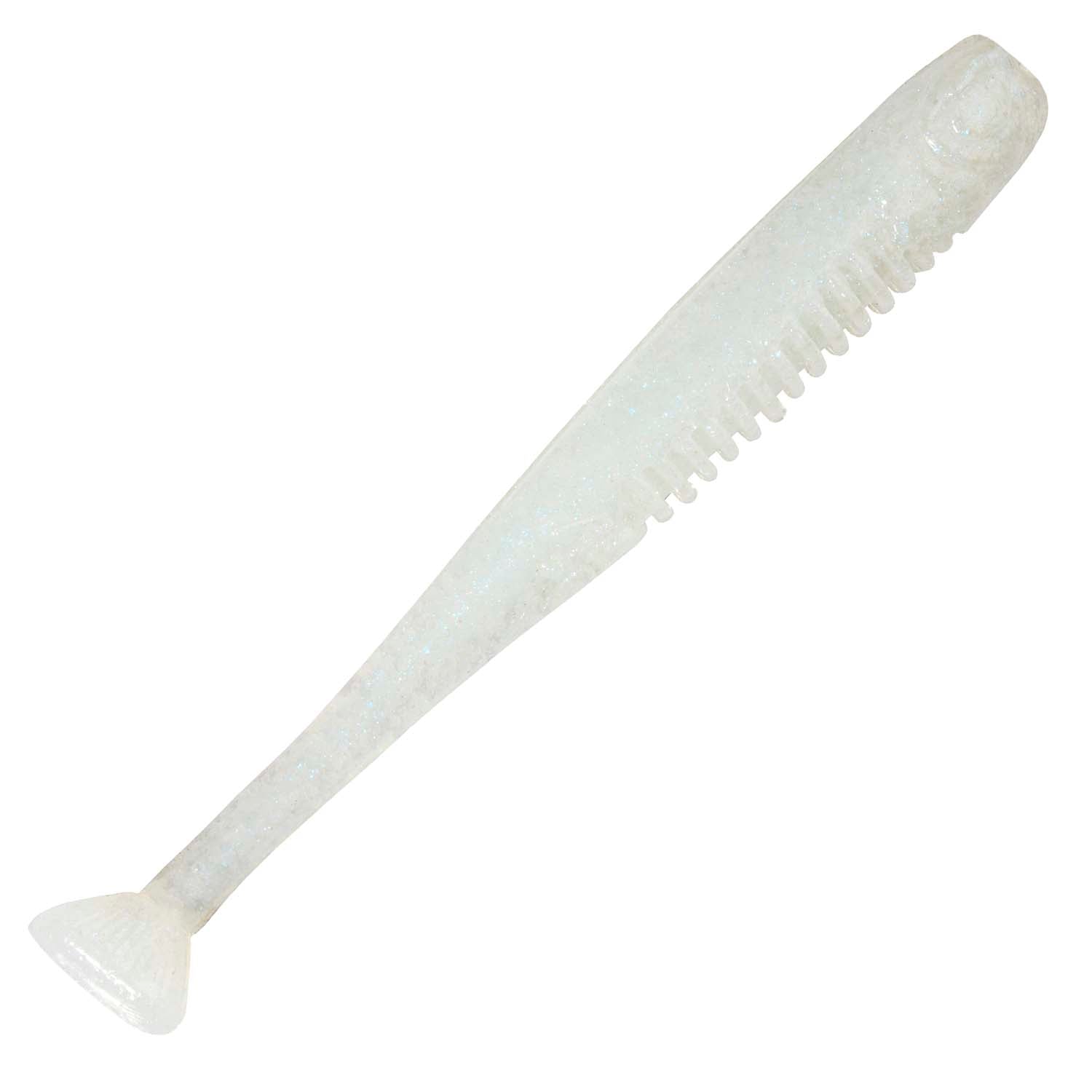 Translucent pearl white soft fishing lure with ribbed tail and pointed end