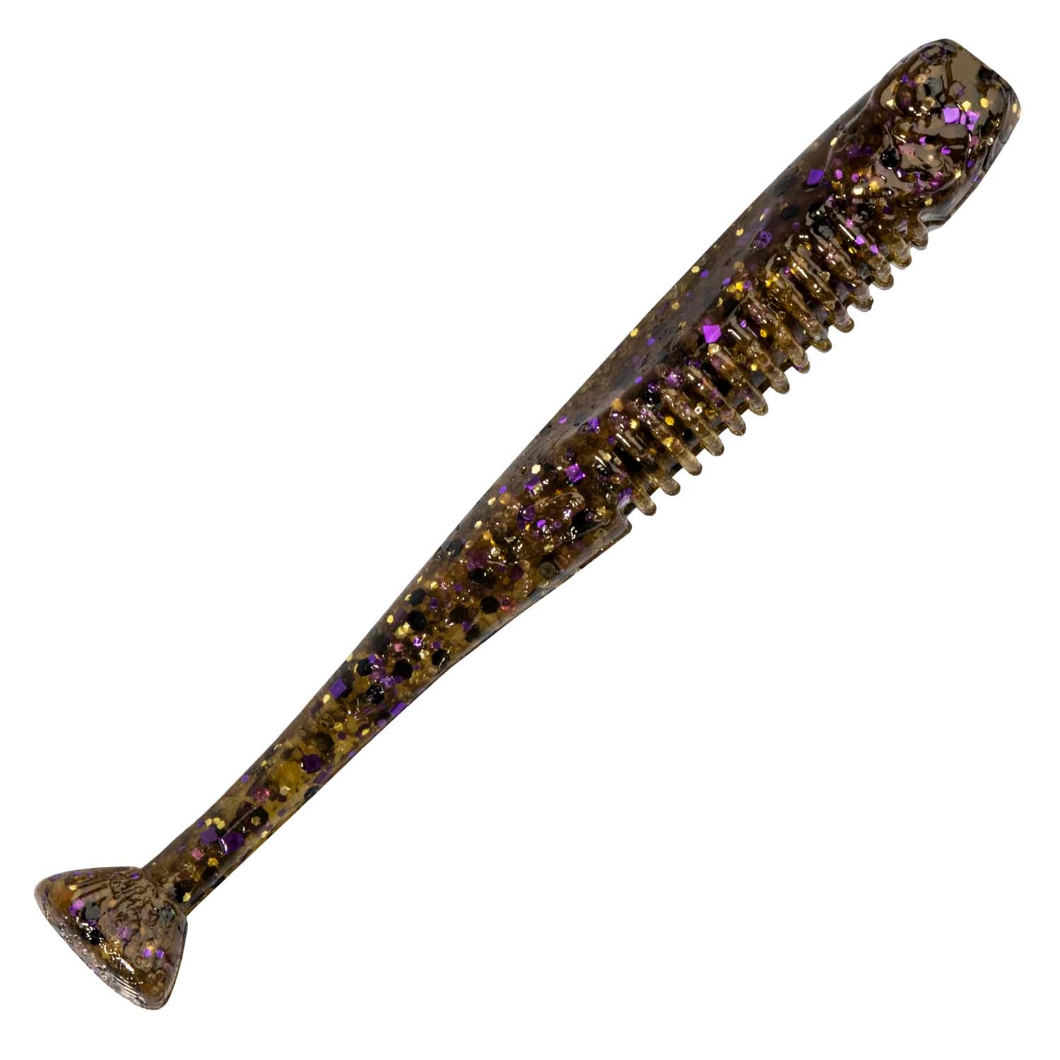 Dark glitter soft fishing lure with purple specks, ribbed tail and pointed end