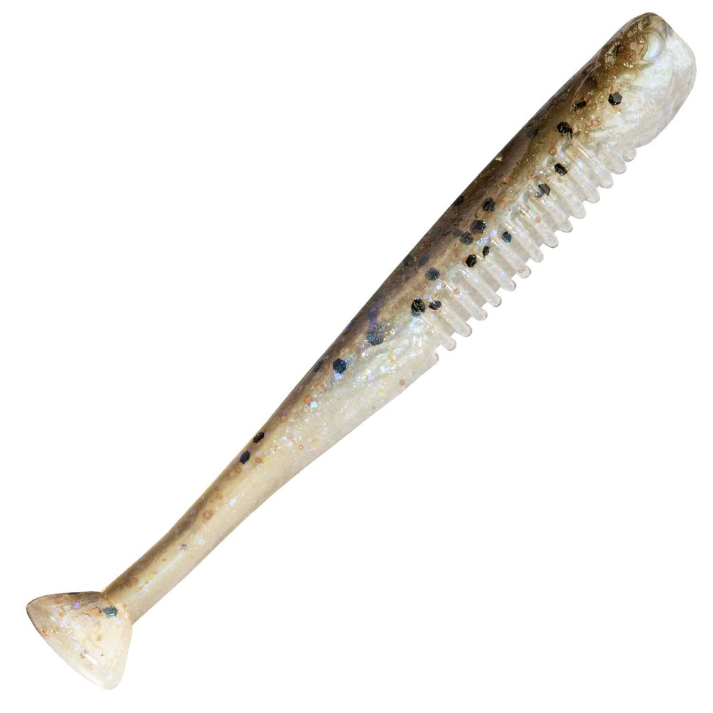 Soft fishing lure with clear body, tan tail, and dark speckled pattern