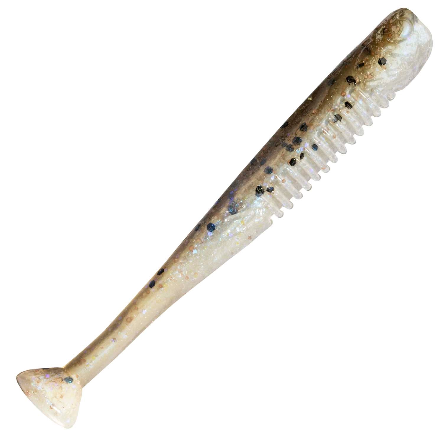 Soft fishing lure with clear body, tan tail, and dark speckled pattern