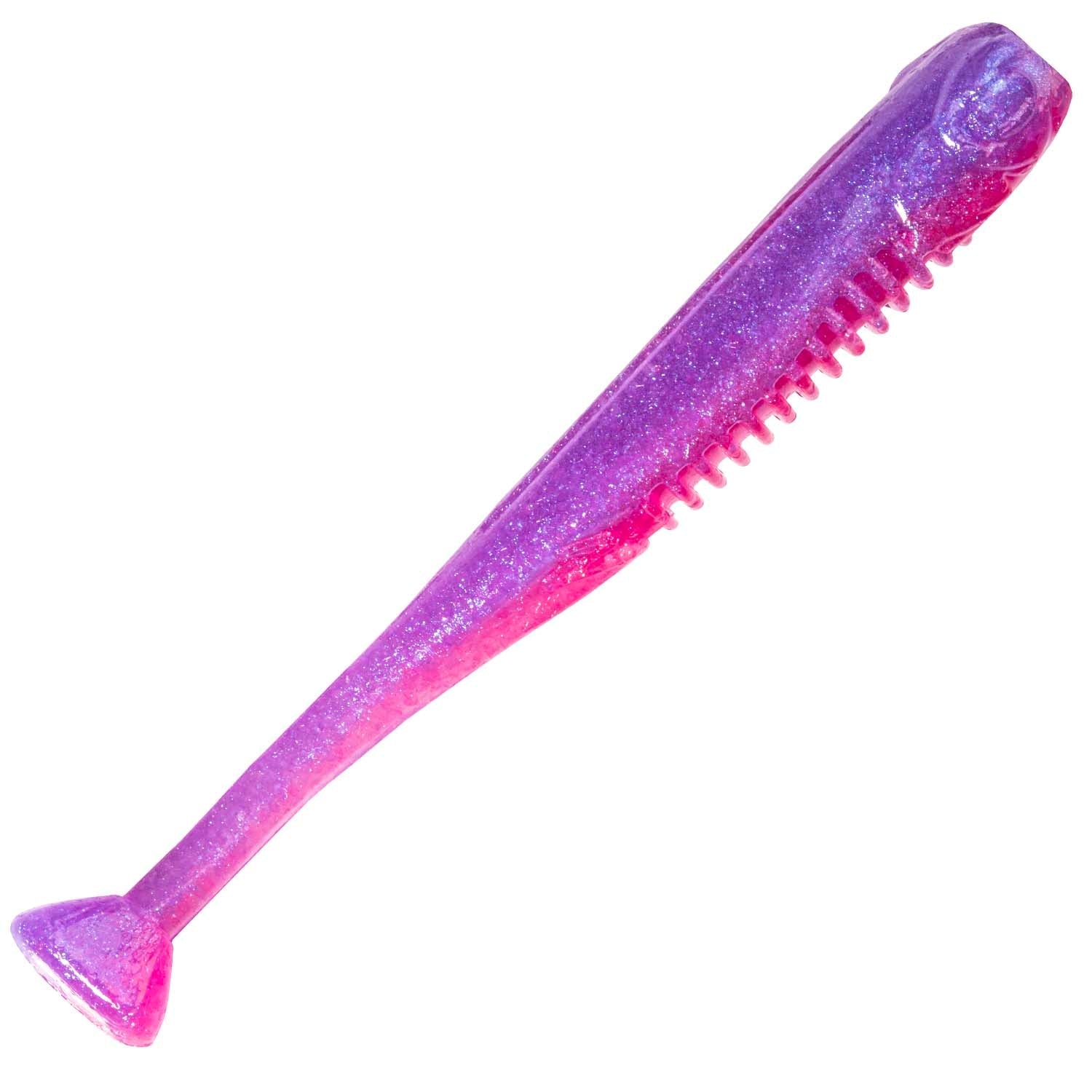 Soft fishing lure in purple and pink glitter with ribbed tail