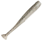 Soft fishing lure with gray body, white translucent tail, and black speckles