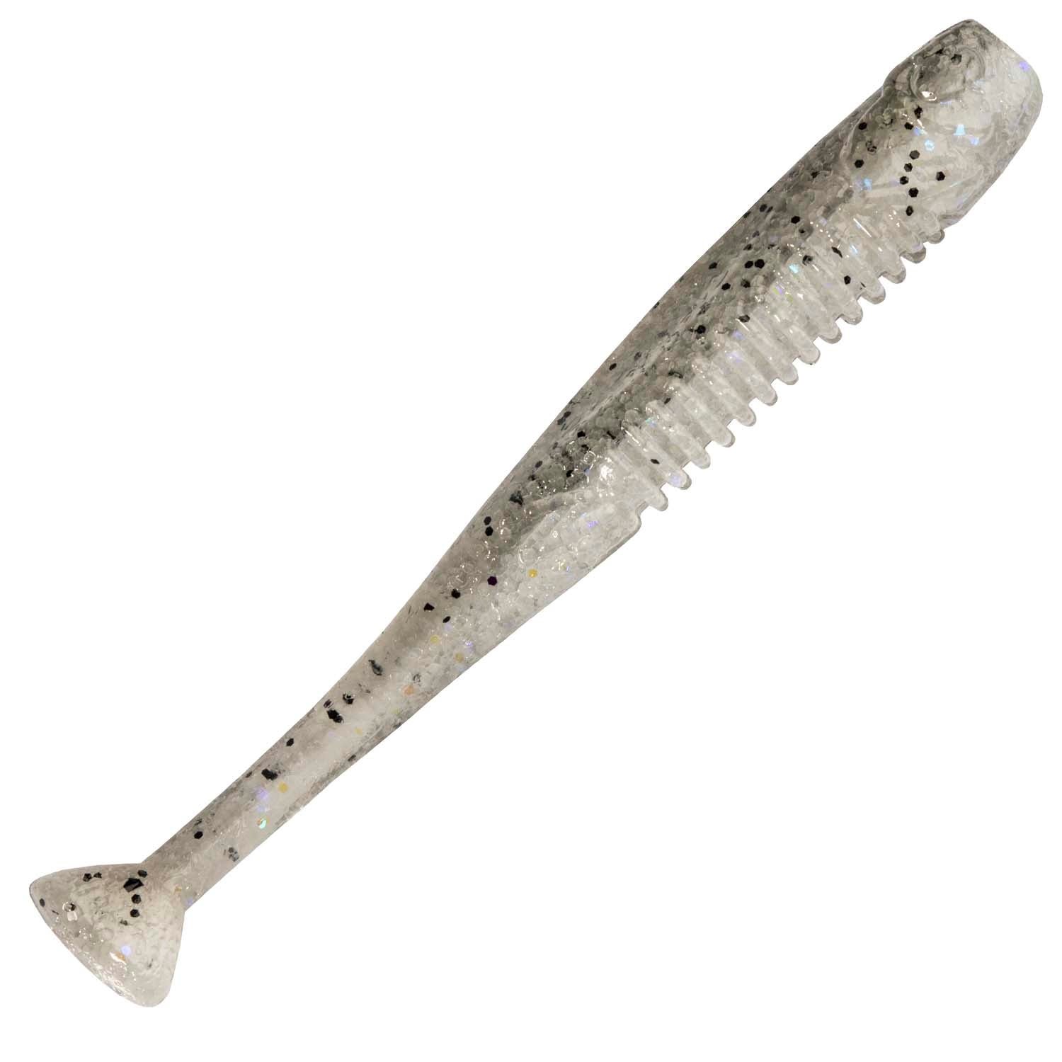 Soft fishing lure with gray body, white translucent tail, and black speckles