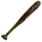 Dark brown soft fishing lure with green speckles, ribbed tail and pointed end
