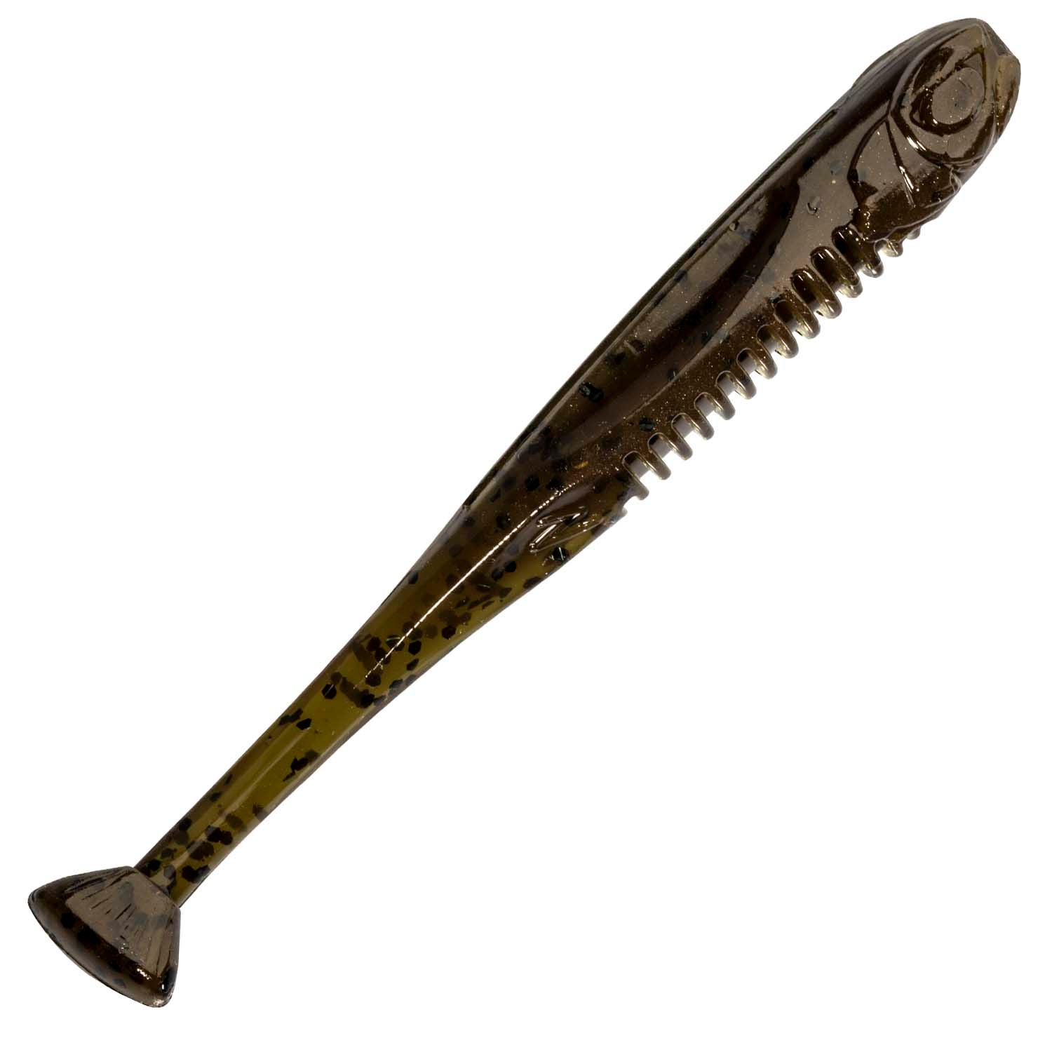 Dark brown soft fishing lure with green speckles, ribbed tail and pointed end