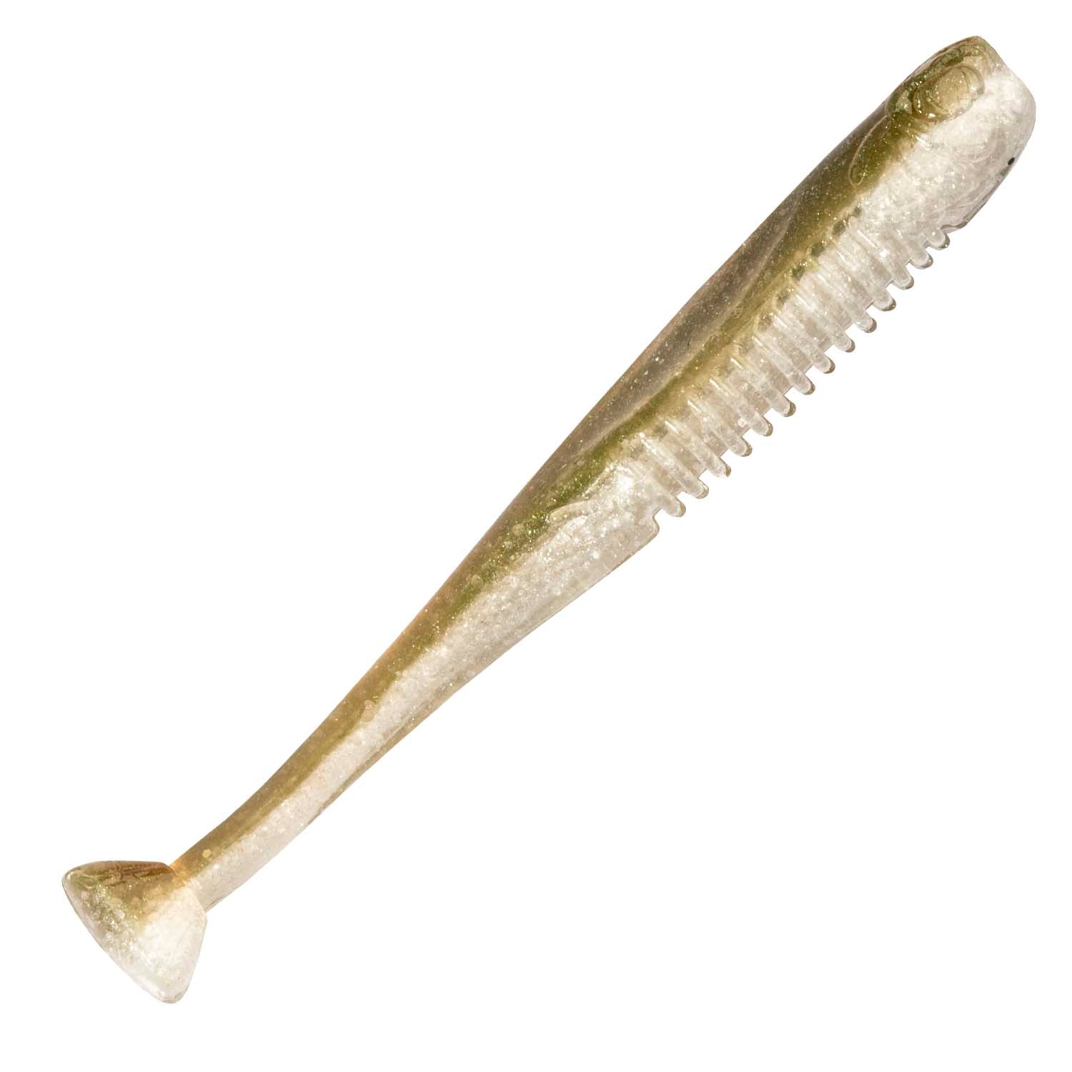 Olive-gold shimmering soft fishing lure with ribbed tail and pointed end