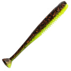 Soft fishing lure with dark brown top and neon green underside, speckled