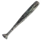 Speckled dark gray soft fishing lure with ribbed tail and pointed end