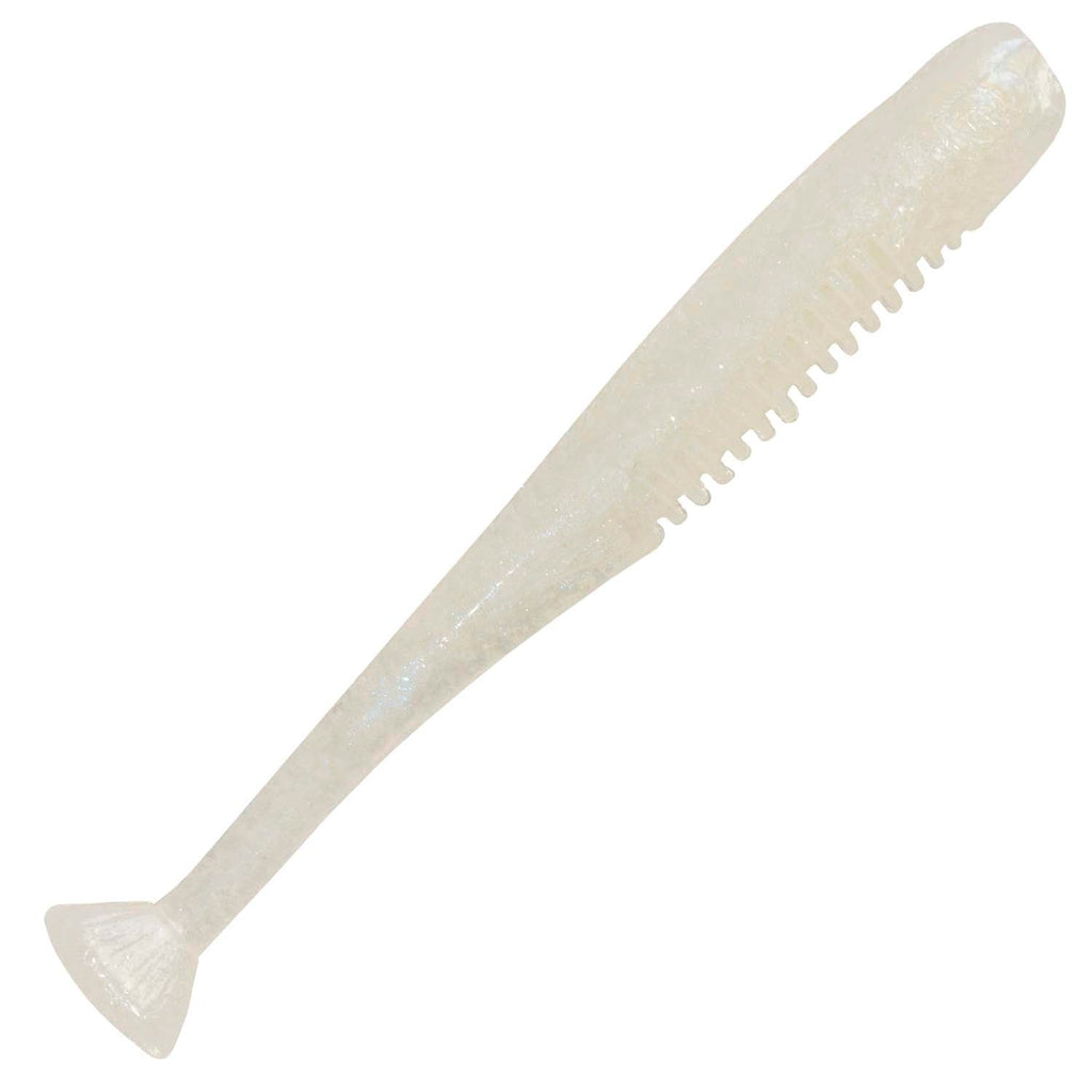 Soft fishing lure in translucent white with ribbed texture and small tail fin