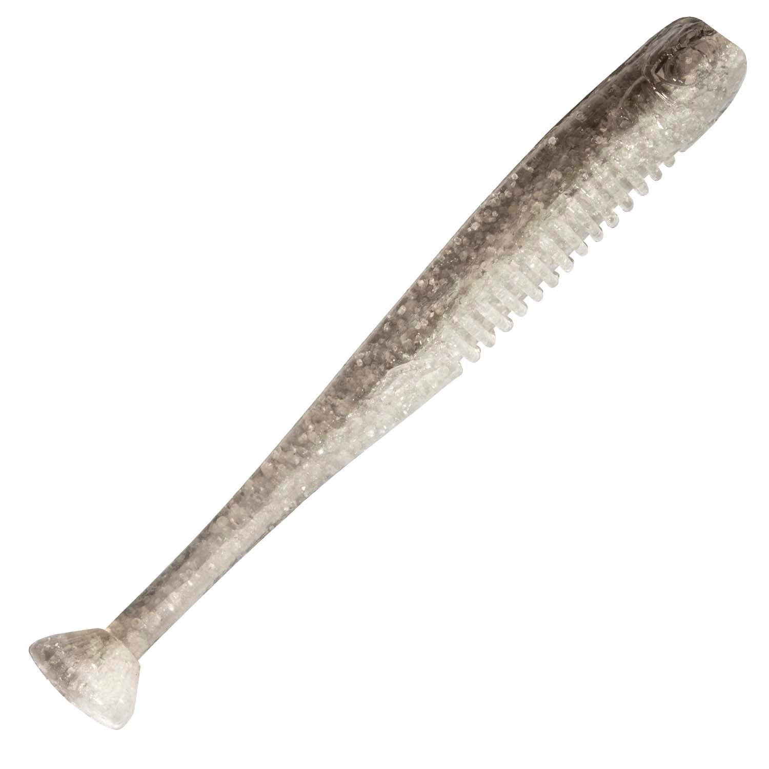 Soft fishing lure in smoky gray with sparkly finish and ribbed tail