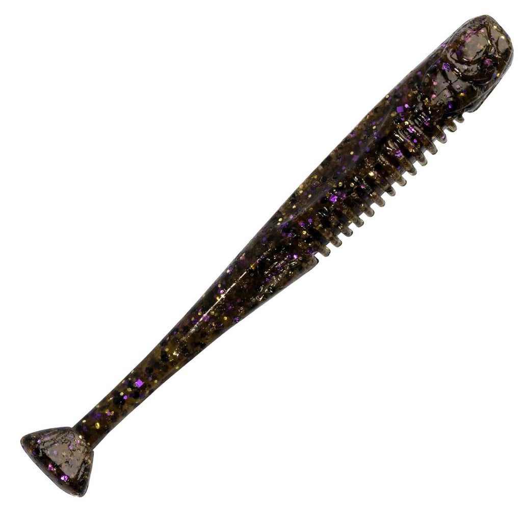 Soft fishing lure in dark brown with purple glitter specks and ribbed tail