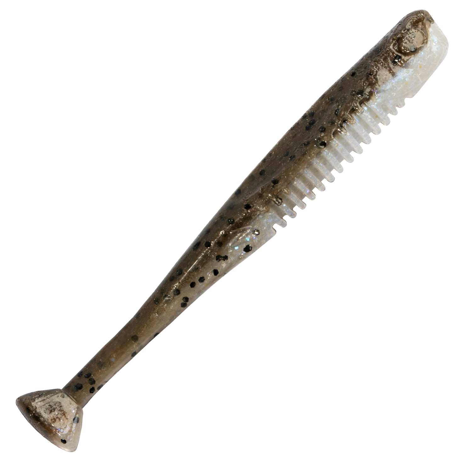 Soft fishing lure with olive-brown body, white ribbed tail, and speckles