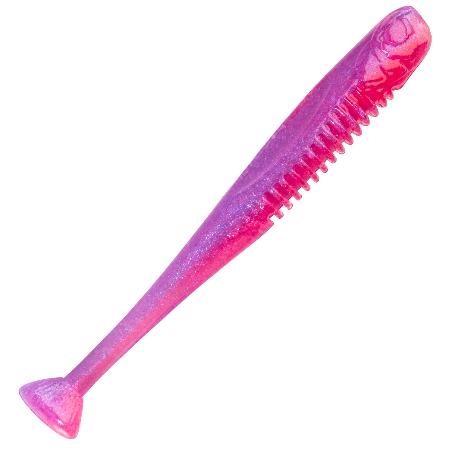 Vivid purple-pink soft fishing lure with ribbed tail and pointed end