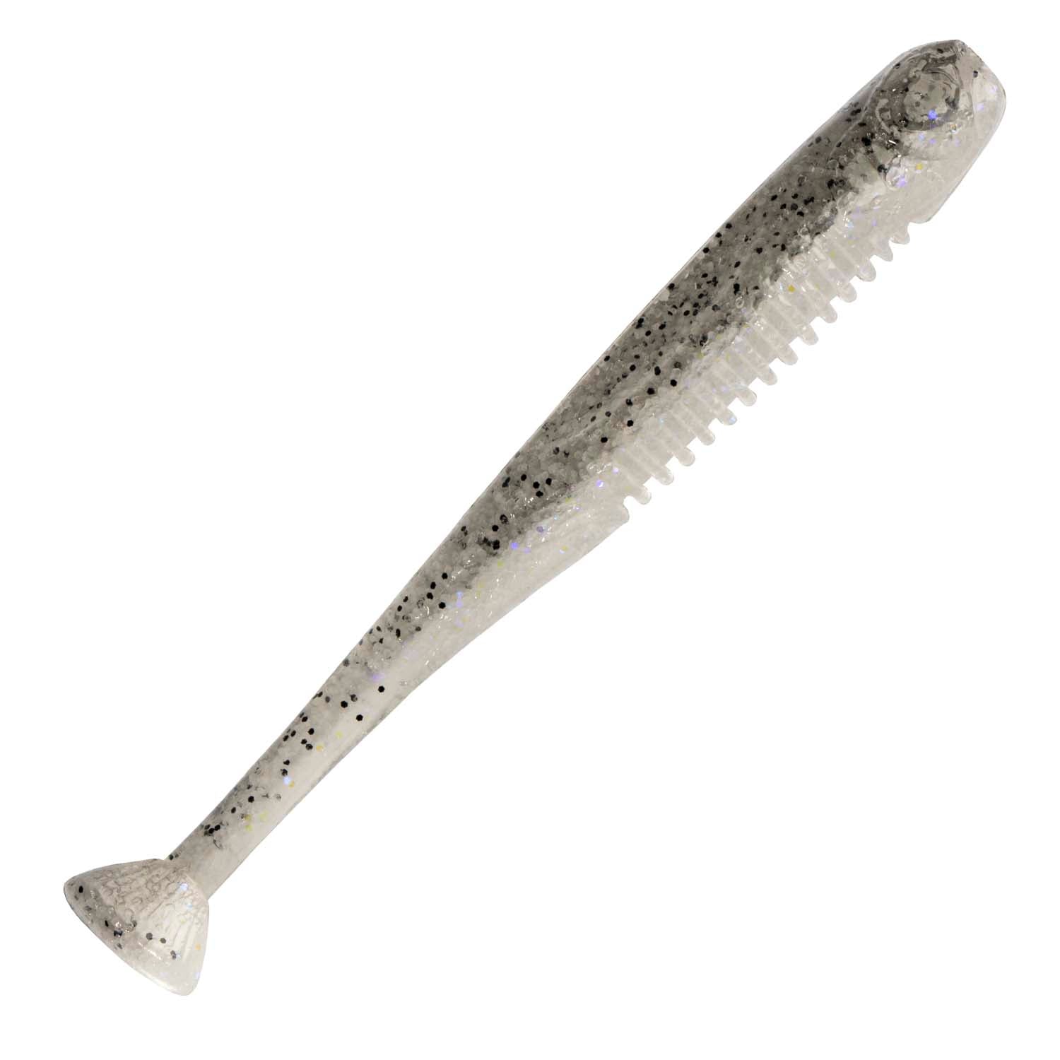 Soft fishing lure in white with light gray speckles and translucent ribbed body