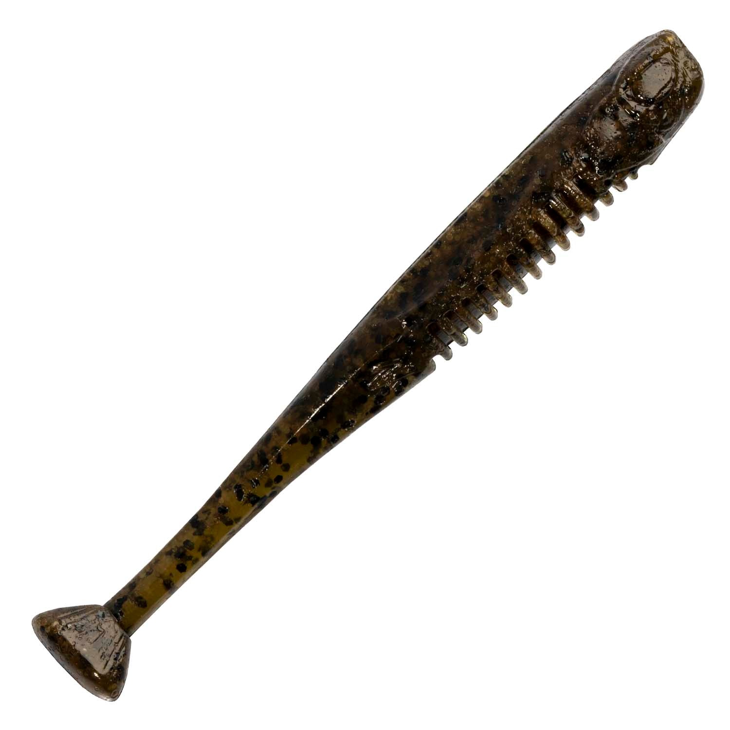 Soft fishing lure in dark brown/black with golden flecks and ribbed body