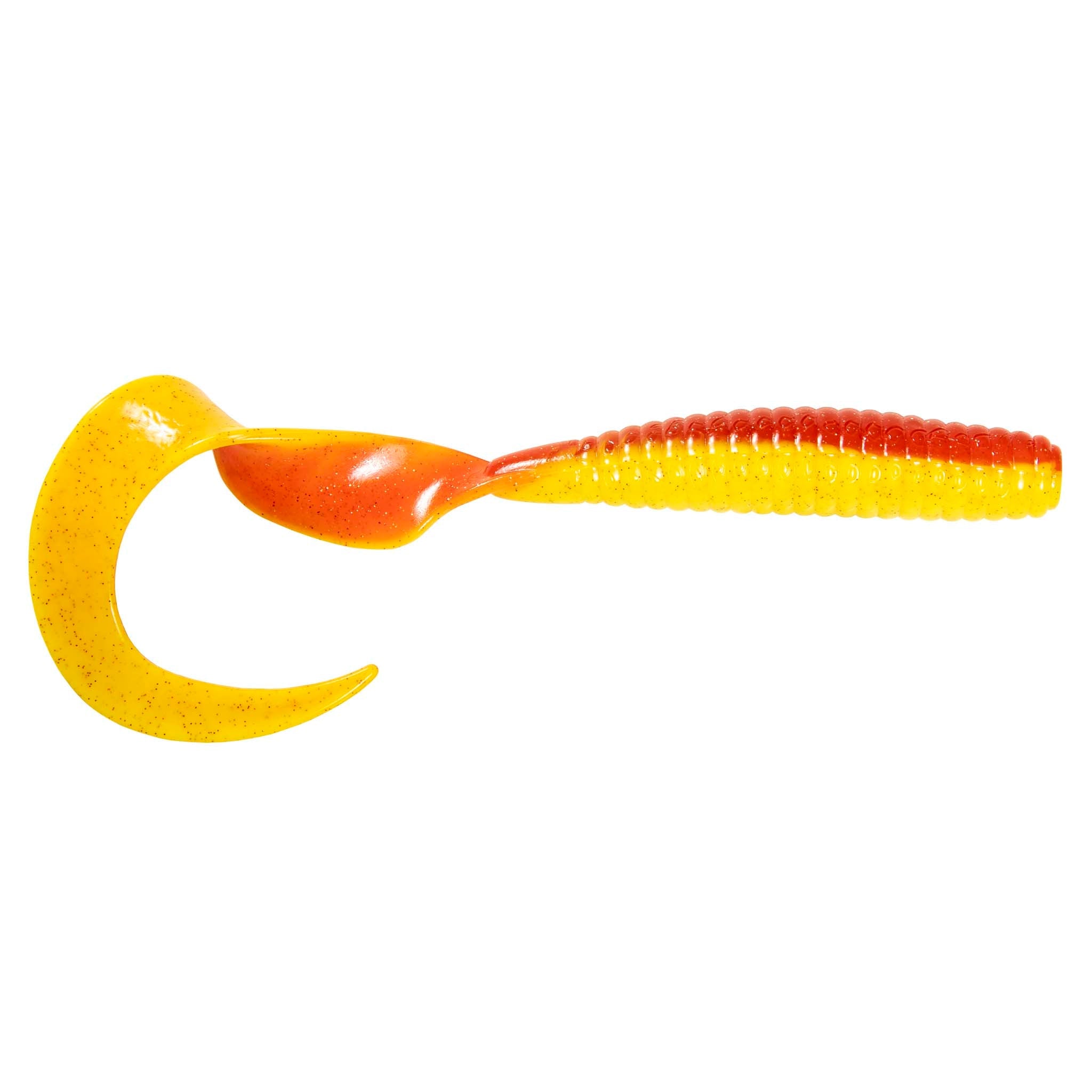 Colorful flexible novelty toy with crescent loop and ribbed handle, yellow and orange colors