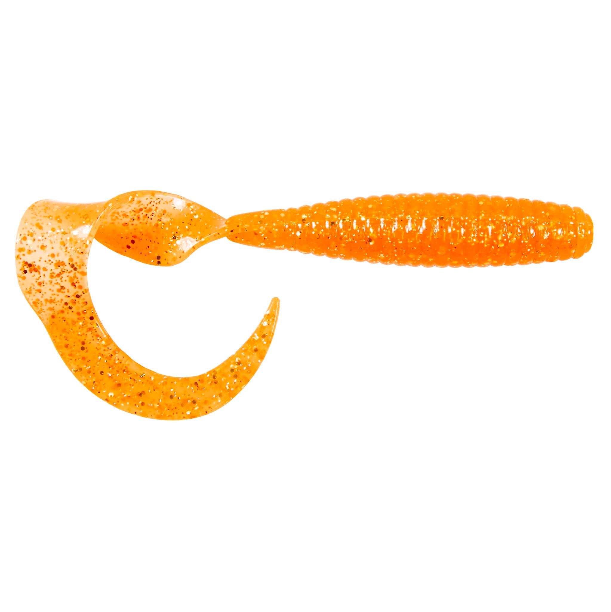 Orange flexible novelty toy with crescent loop and ribbed handle, speckled finish