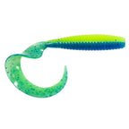 Green-blue flexible novelty toy with crescent loop and ribbed handle, speckled finish