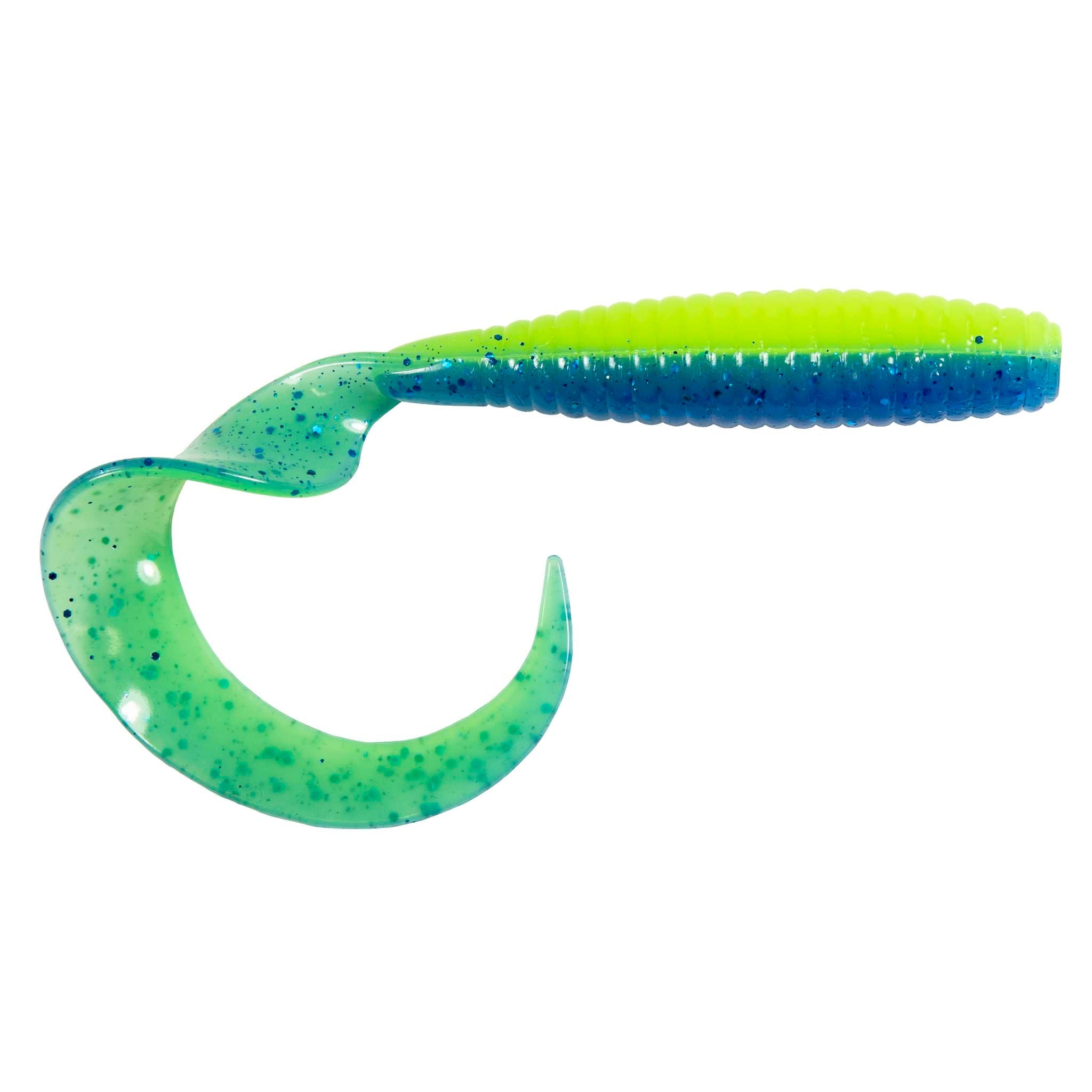 Green-blue flexible novelty toy with crescent loop and ribbed handle, speckled finish
