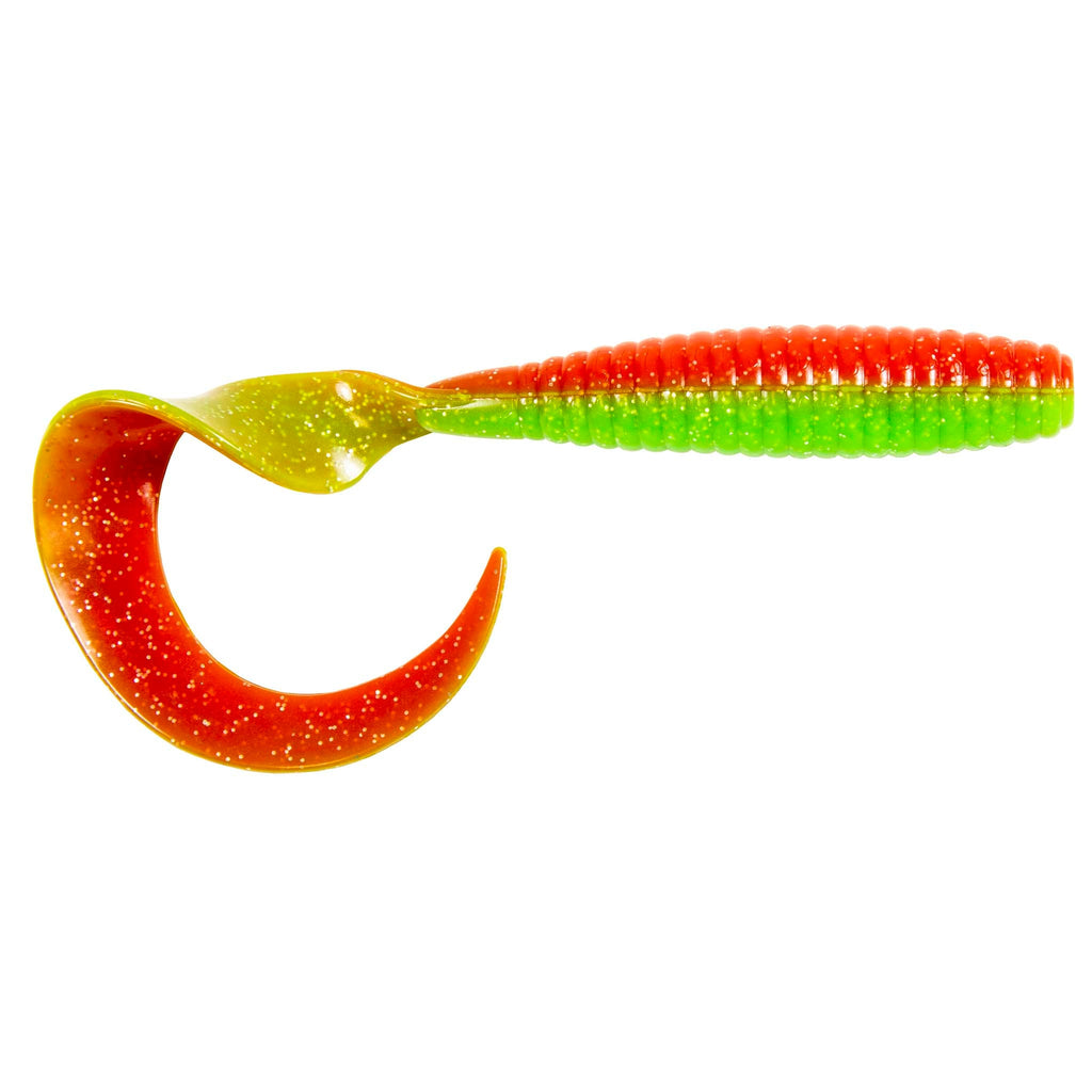 Red-to-green flexible novelty toy with crescent loop and ribbed handle, speckled finish