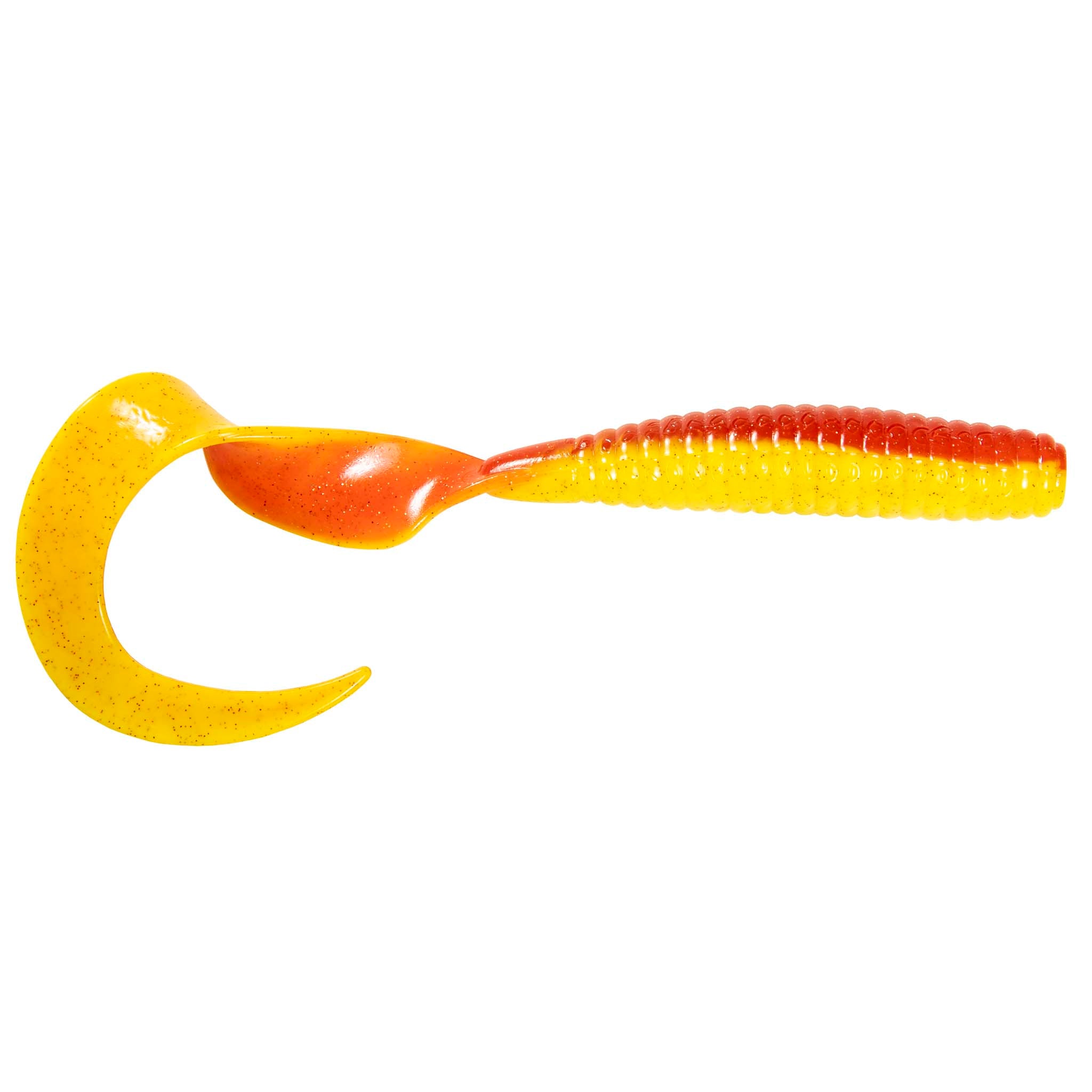Orange and yellow flexible novelty toy with crescent loop and ribbed handle, speckled finish