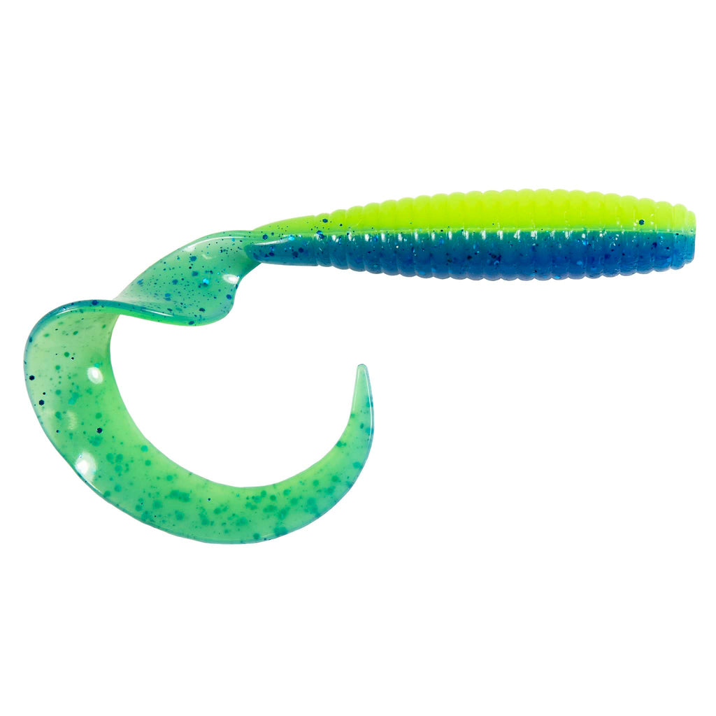 Plastic crescent toy with ribbed handle, green-to-blue gradient