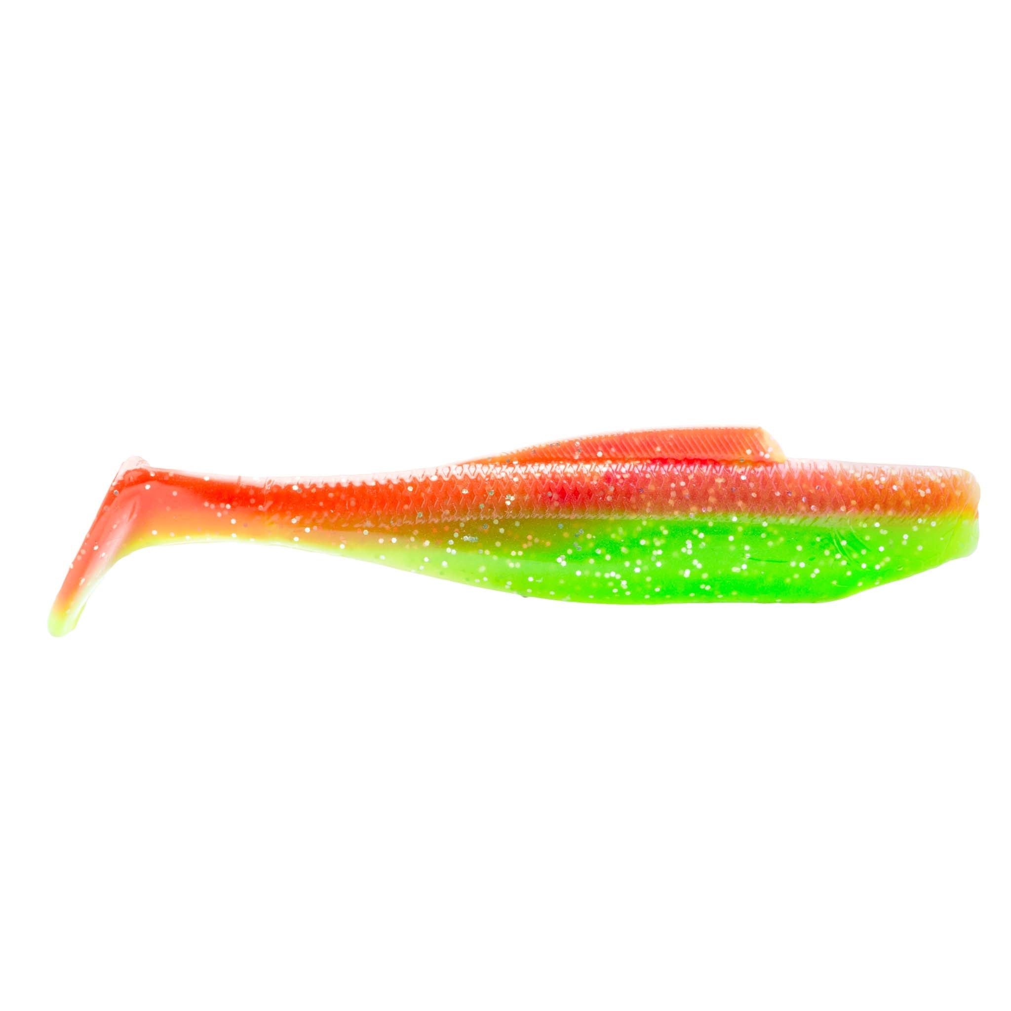 Soft plastic minnow lure, red-to-green gradient with fine speckled glitter flecks