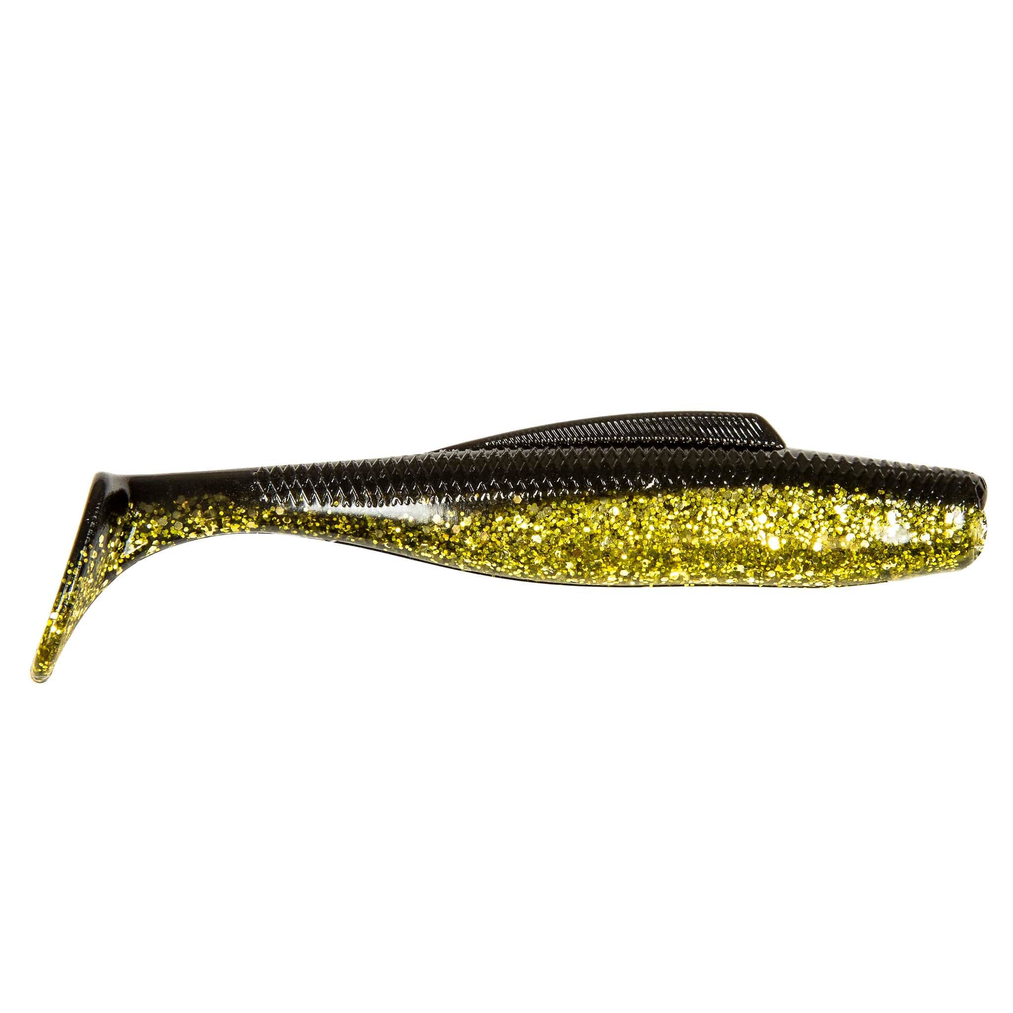 Soft plastic minnow lure, dark olive-black with vivid gold glitter stripe