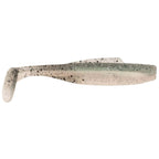 Soft plastic minnow lure, translucent cream with dark speckles and pale green back