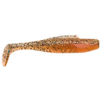 Soft plastic minnow lure, tan-orange with dense brown glitter and speckles