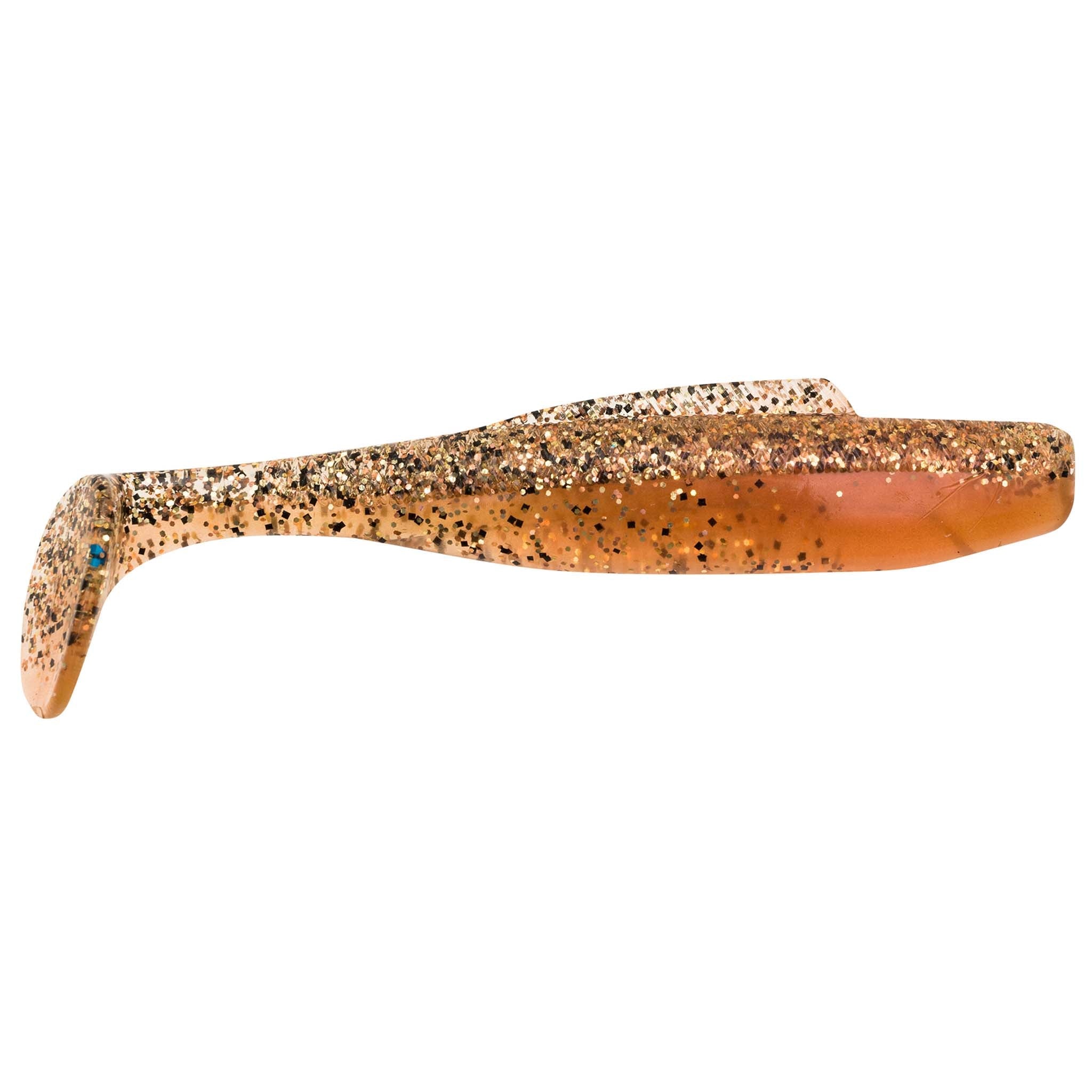 Soft plastic minnow lure, tan-orange with dense brown glitter and speckles