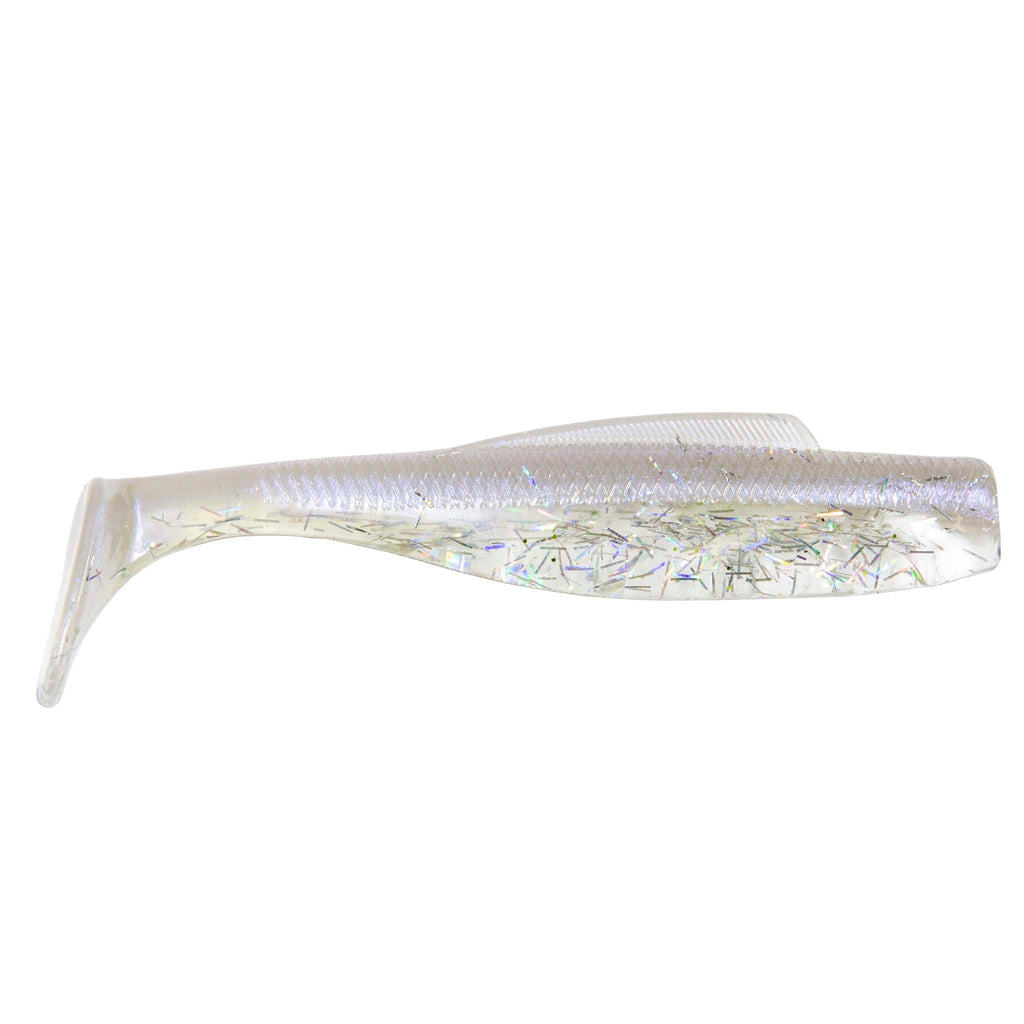 Soft plastic minnow lure, translucent white with multicolor holographic glitter pattern