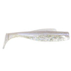 Soft plastic minnow lure, translucent white with multicolor holographic glitter pattern